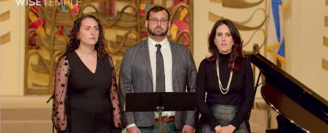 Lauren Roth, Andrew Paskil, and Cantor Tannoz Bahremand Foruzanfar sing a tribute to Iranian protesters, "Baraye Iran," in Stephen Wise Temple's Westwood Sanctuary.
