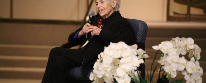 Michele Rodri gives her Holocaust survivor testimony at Stephen Wise Temple on April 18, 2023. (Photo by Ryan Gorcey)
