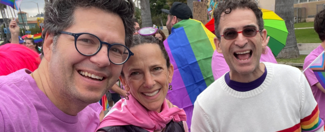 Rabbi Yoshi Zweiback and his wife Jacqueline Hantgan participate in the L.A. Pride Parade on June 11, 2023.